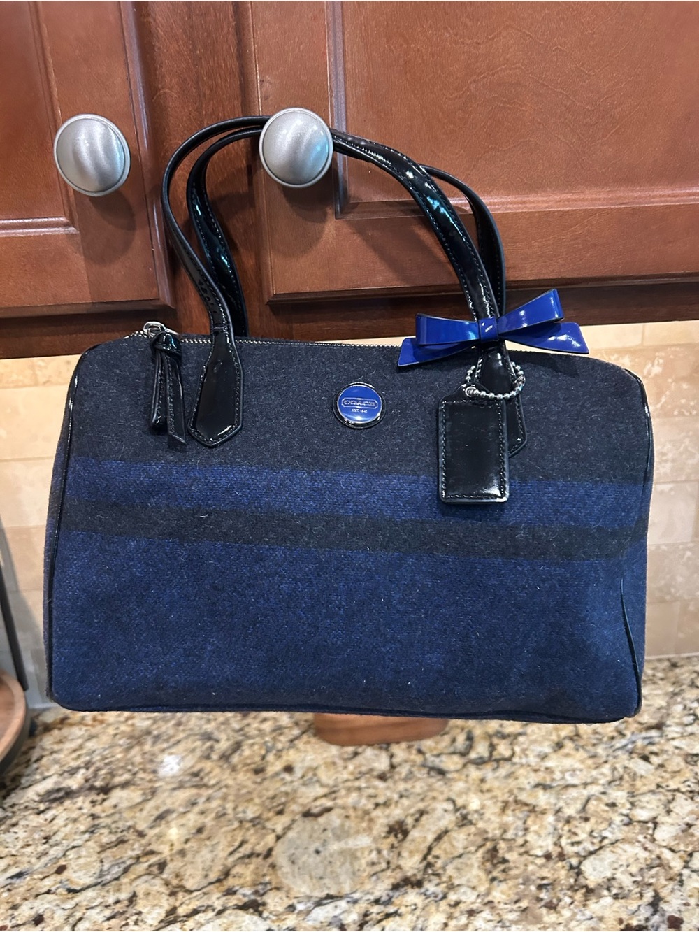 Coach 2013 Wool Stripe F24784 Charcoal Cobalt Blue Satchel Handbag Purse Rare. - Picture 9 of 12
